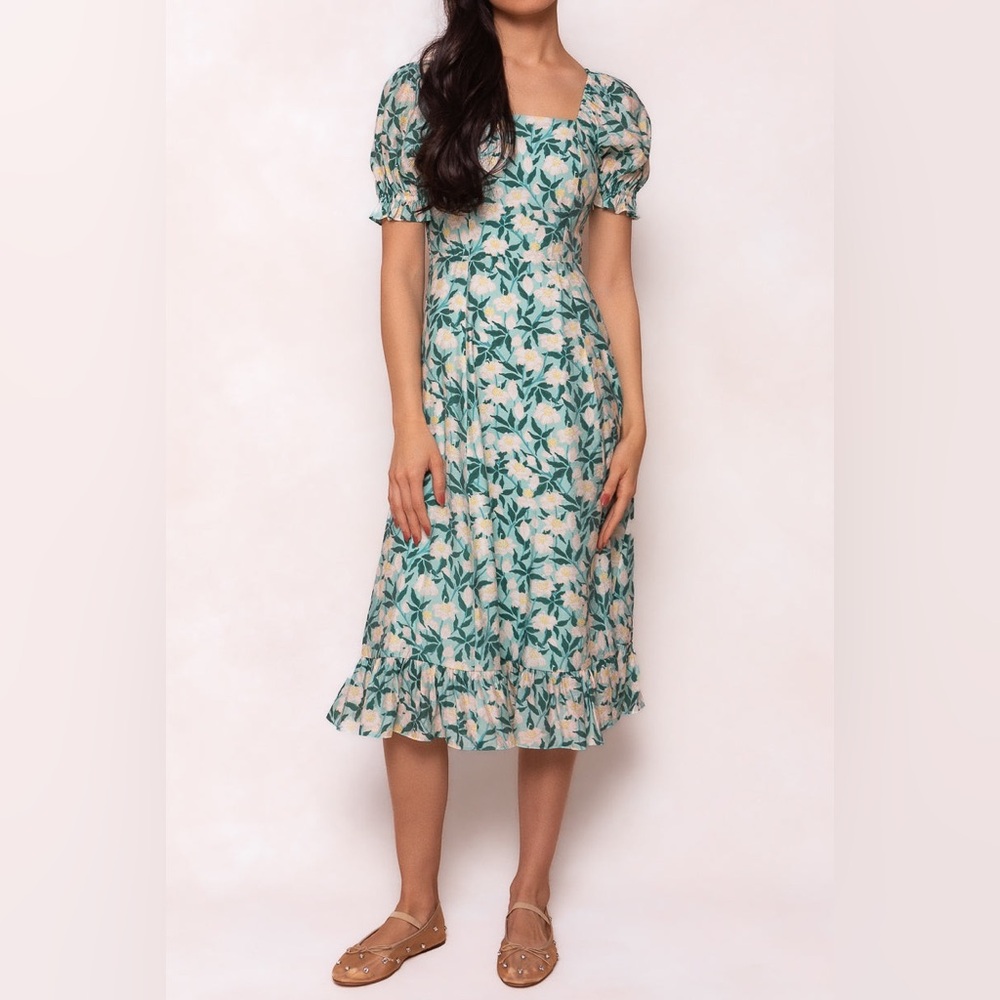 Ivy City Co Green and White Ruched Ruffled Wrap Midi Dress